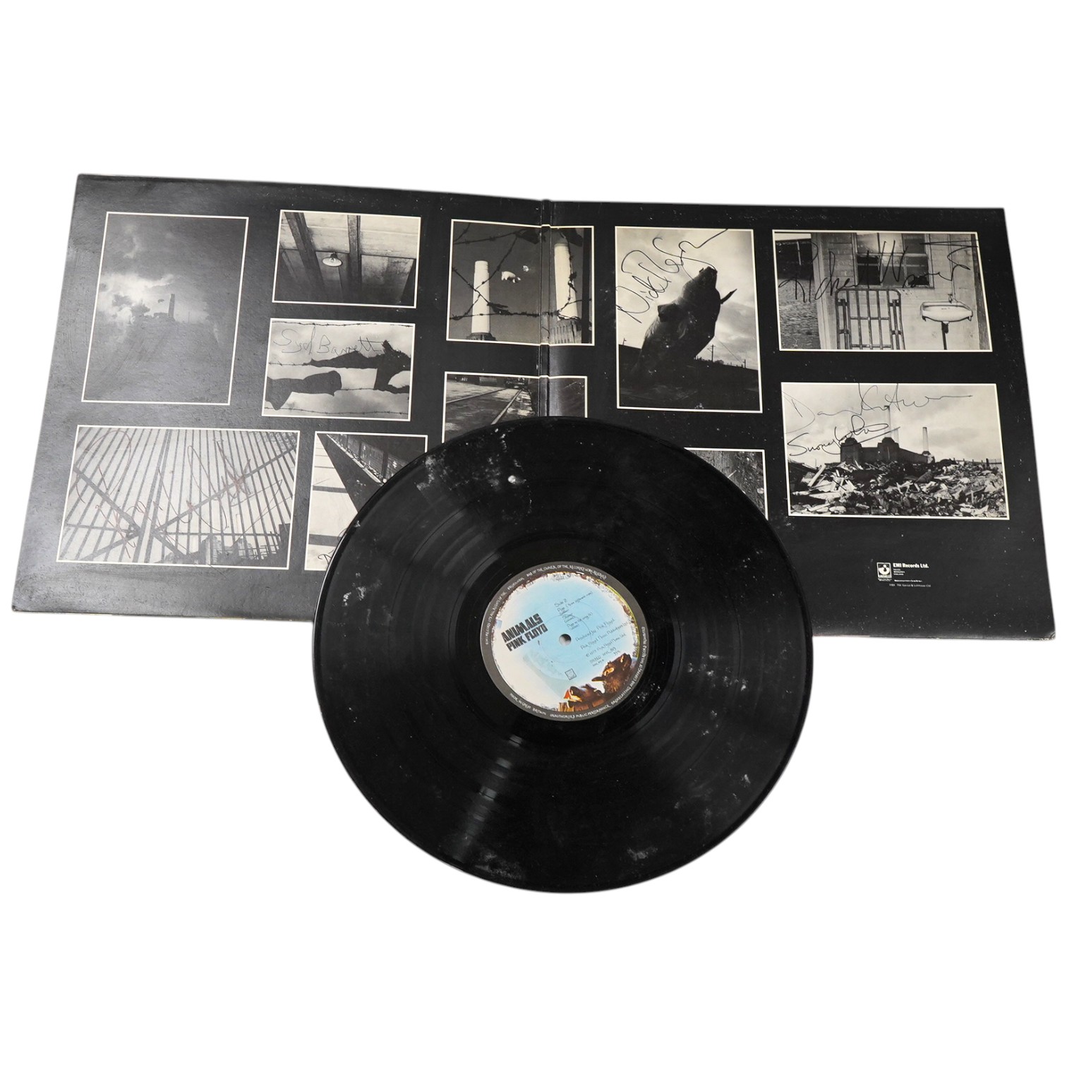 Pink Floyd LP, Animals, SHVL815, 1977, the gatefold cover extensively signed inside by; Nick Mason, David Gilmour, Richard Wright, Snowy White, Dick Parry, and Roger Waters, as well as a possibly spurious signature by Sy